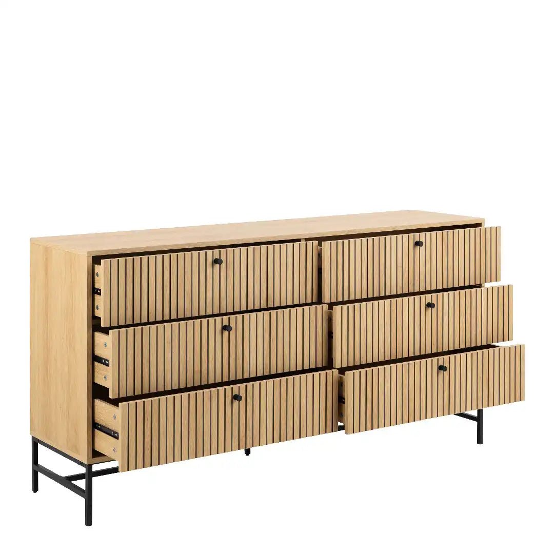 Albany Wide Chest of 6 Drawers in Oak/Black Legs - Price Crash Furniture
