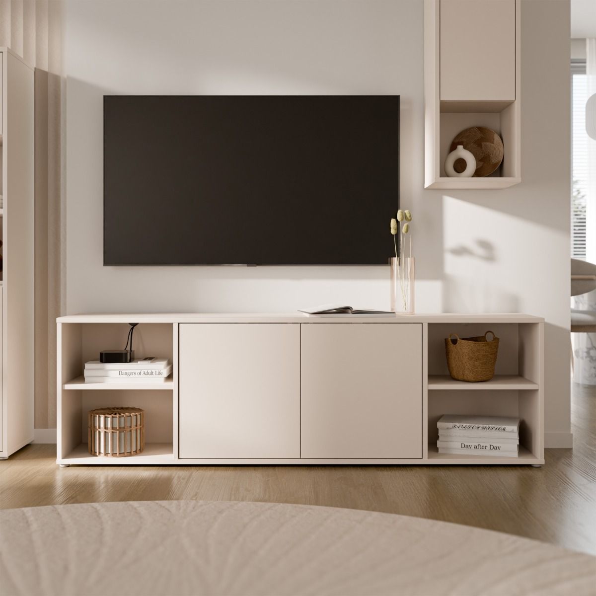 Alice Springs Wide TV Cabinet With 2 Push To Open Doors & 2 Open Shelves In Sand - Price Crash Furniture