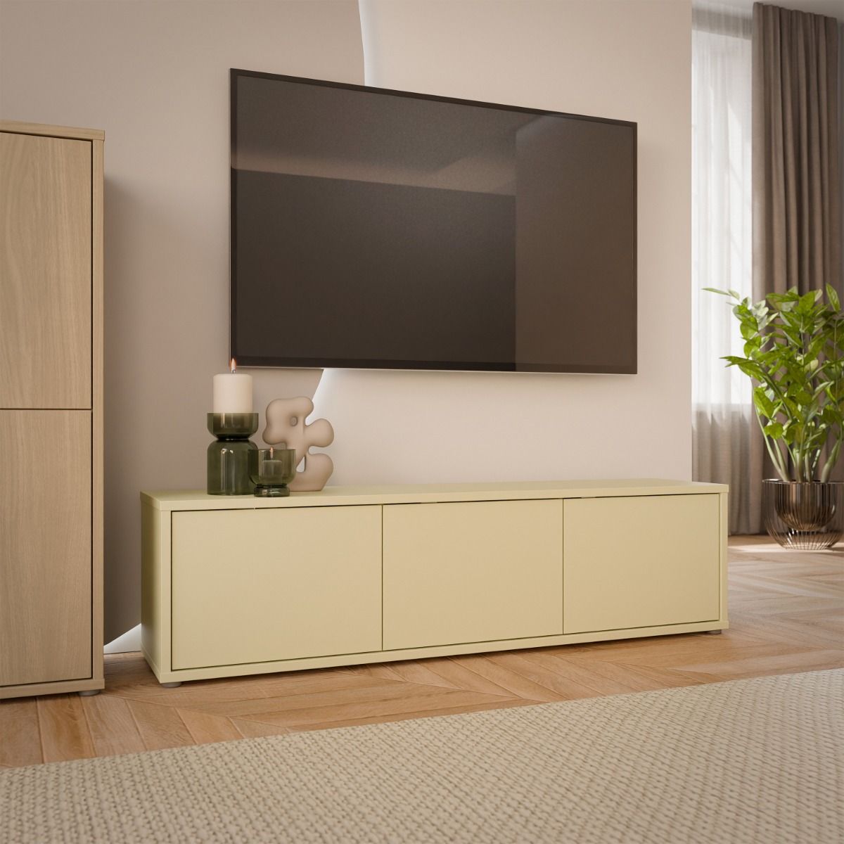 Alice Springs Wide TV Cabinet With 3 Push To Open Doors In Butter Yellow - Price Crash Furniture
