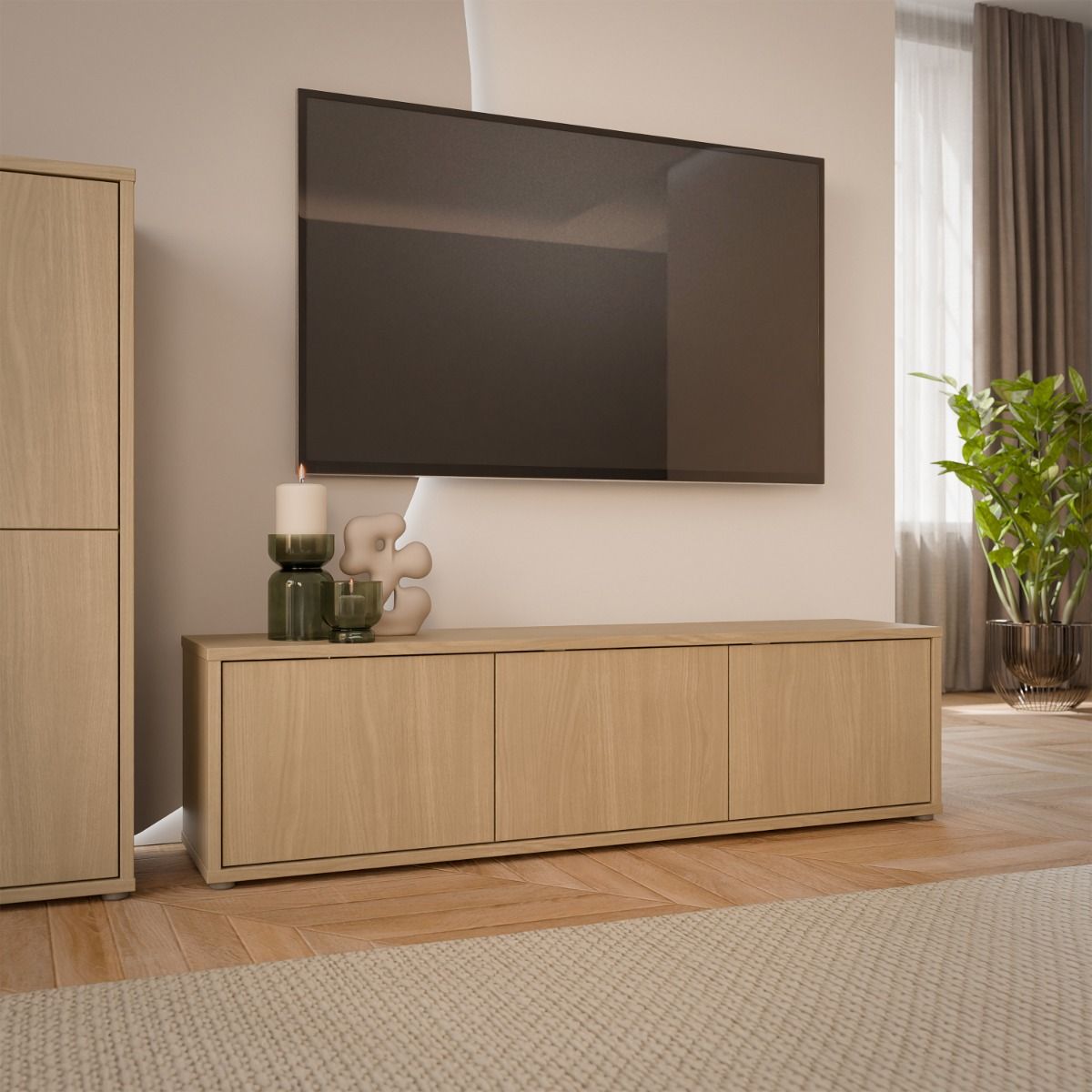 Alice Springs Wide TV Cabinet With 3 Push To Open Doors In Elegancia Oak - Price Crash Furniture