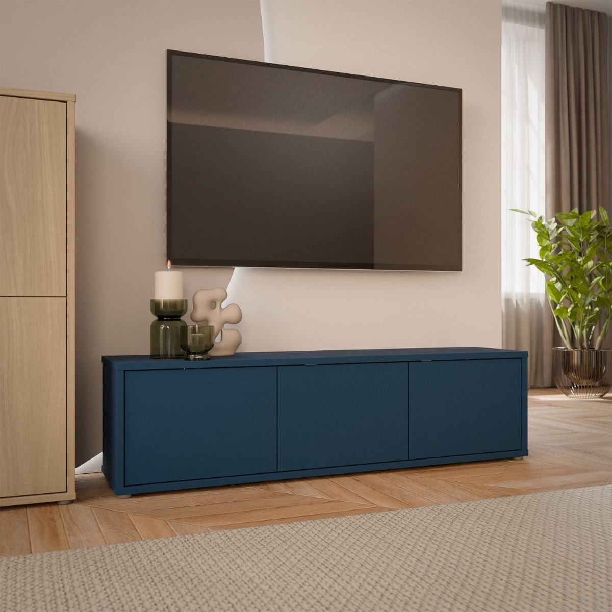 Alice Springs Wide TV Cabinet With 3 Push To Open Doors In Night Blue - Price Crash Furniture