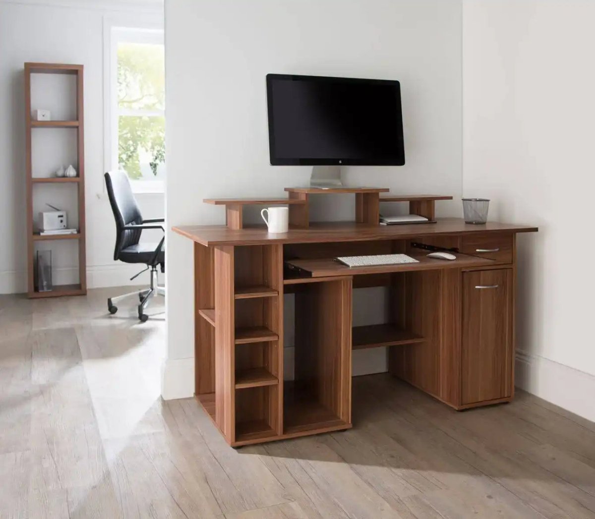 Alphason Maine Walnut Effect 4 shelf Narrow Bookcase - Price Crash Furniture