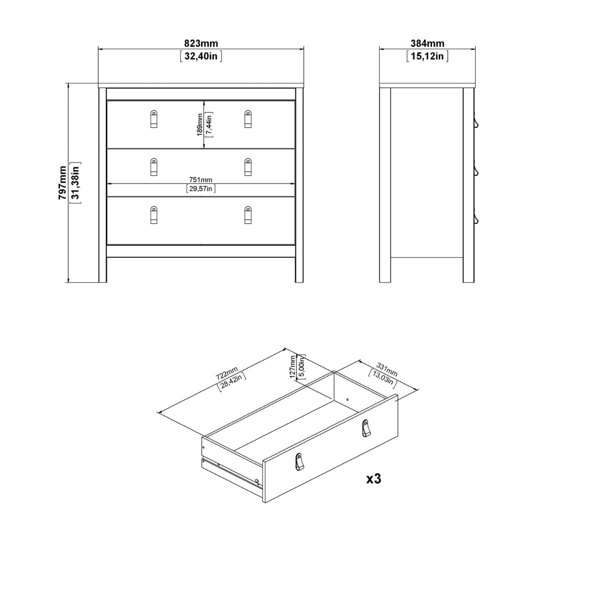 Barcelona 3 Drawer Chest of Drawers In Cashmere - Price Crash Furniture