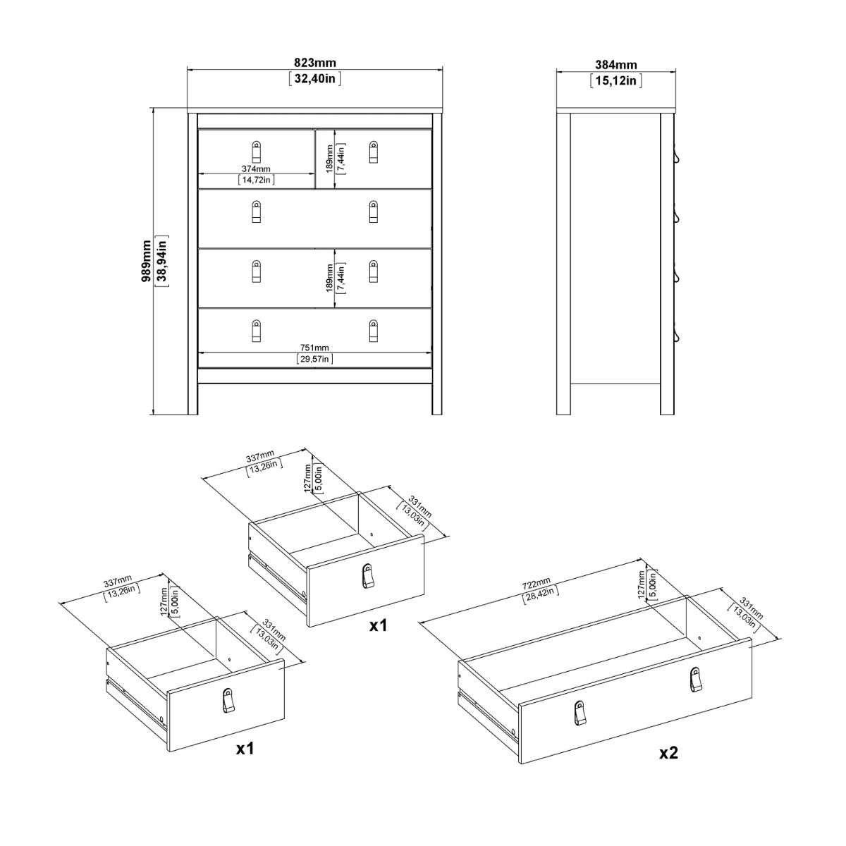 Barcelona 3+2 5 Drawer Chest of Drawers In Cashmere - Price Crash Furniture