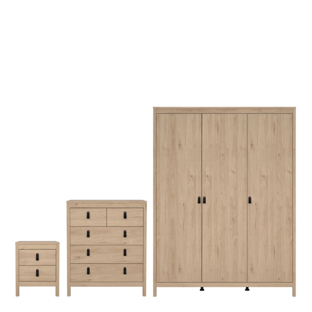Barcelona Bedroom Package 2 Drawer Bedside 5 Drawer Chest 3 Door Wardrobe In Jackson Hickory Oak - Price Crash Furniture