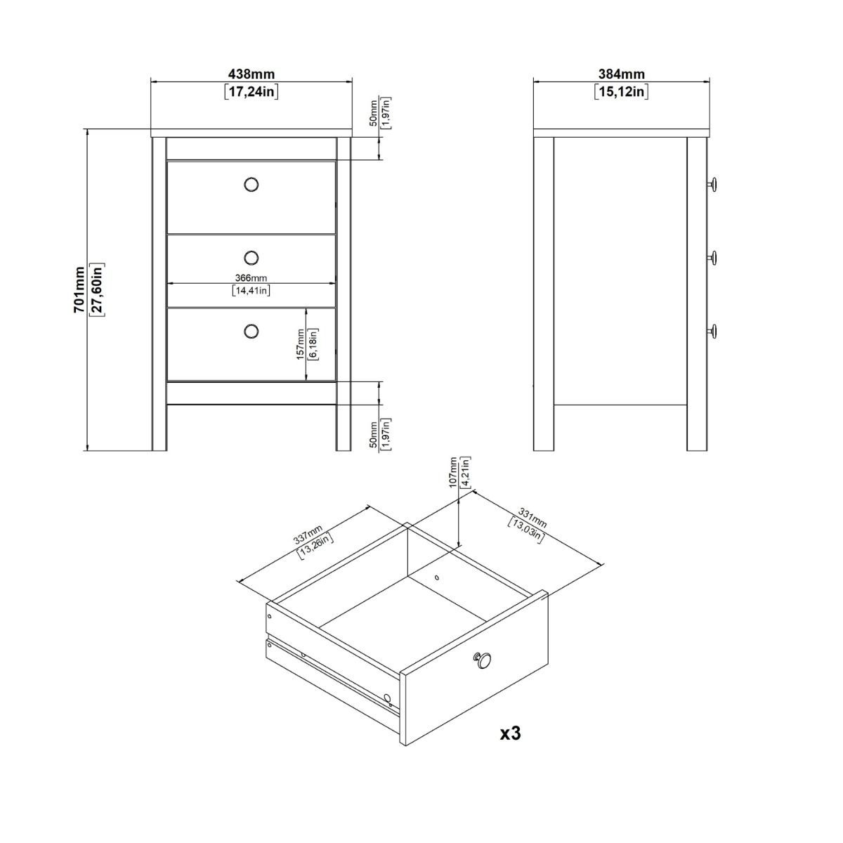 Barcelona Bedside Table 3 Drawers In Cashmere - Price Crash Furniture