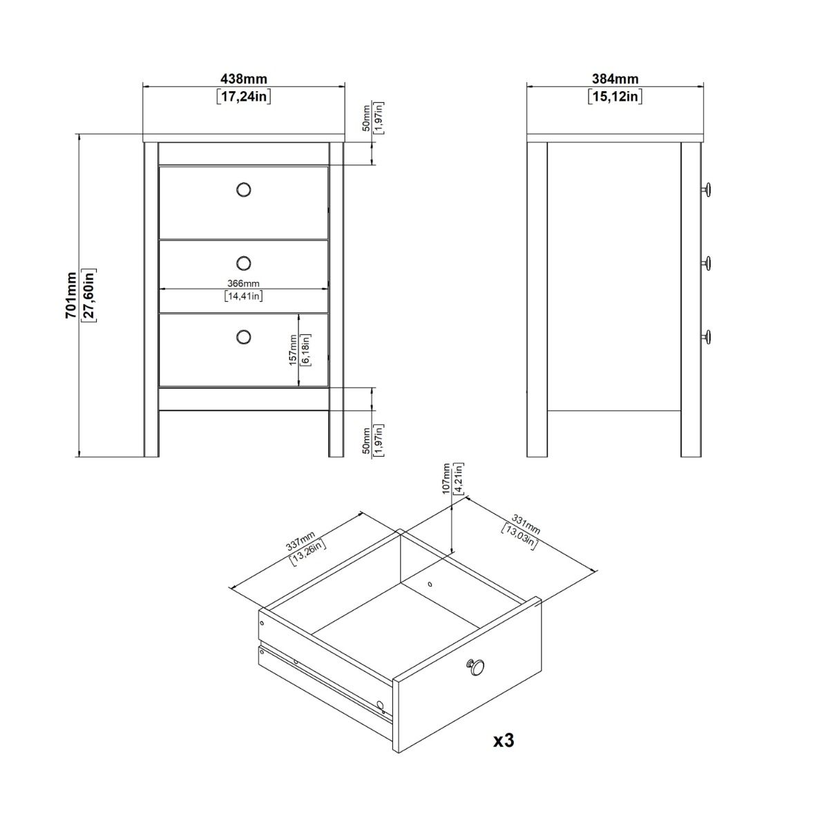 Barcelona Bedside Table 3 Drawers In Jackson Hickory Oak - Price Crash Furniture