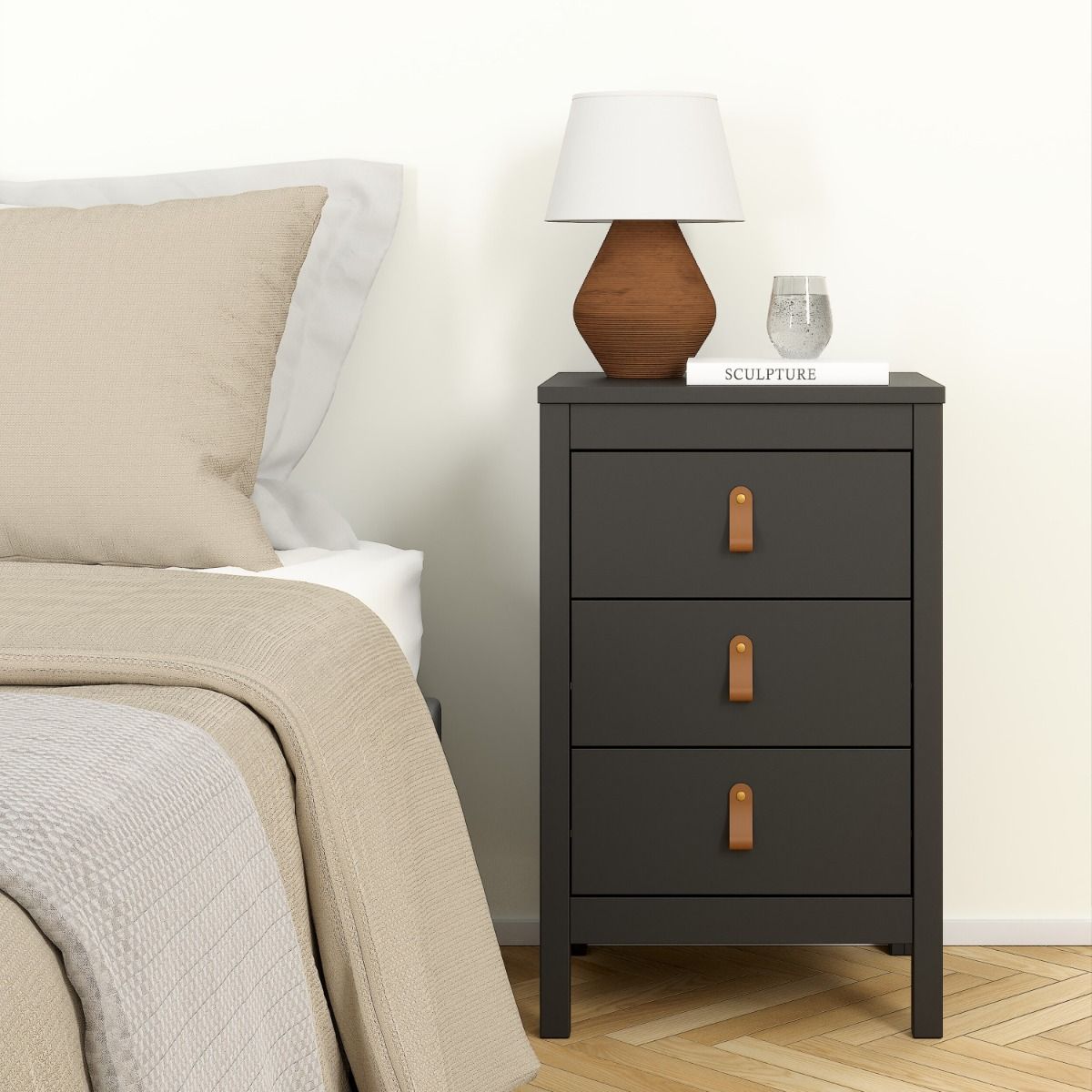 Barcelona Bedside Table 3 Drawers In Matt Black - Price Crash Furniture
