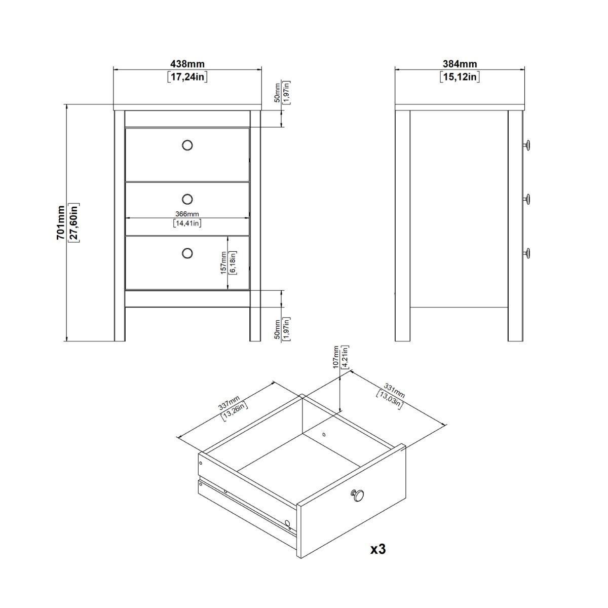 Barcelona Bedside Table 3 Drawers In White - Price Crash Furniture