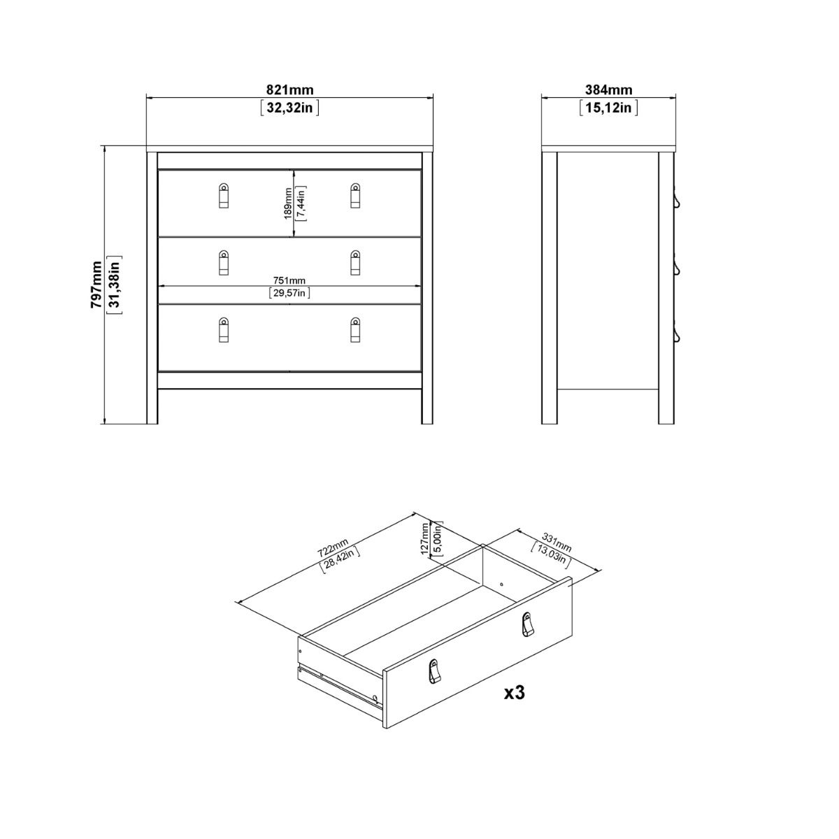 Barcelona Chest of 3 Drawers In Jackson Hickory Oak - Price Crash Furniture