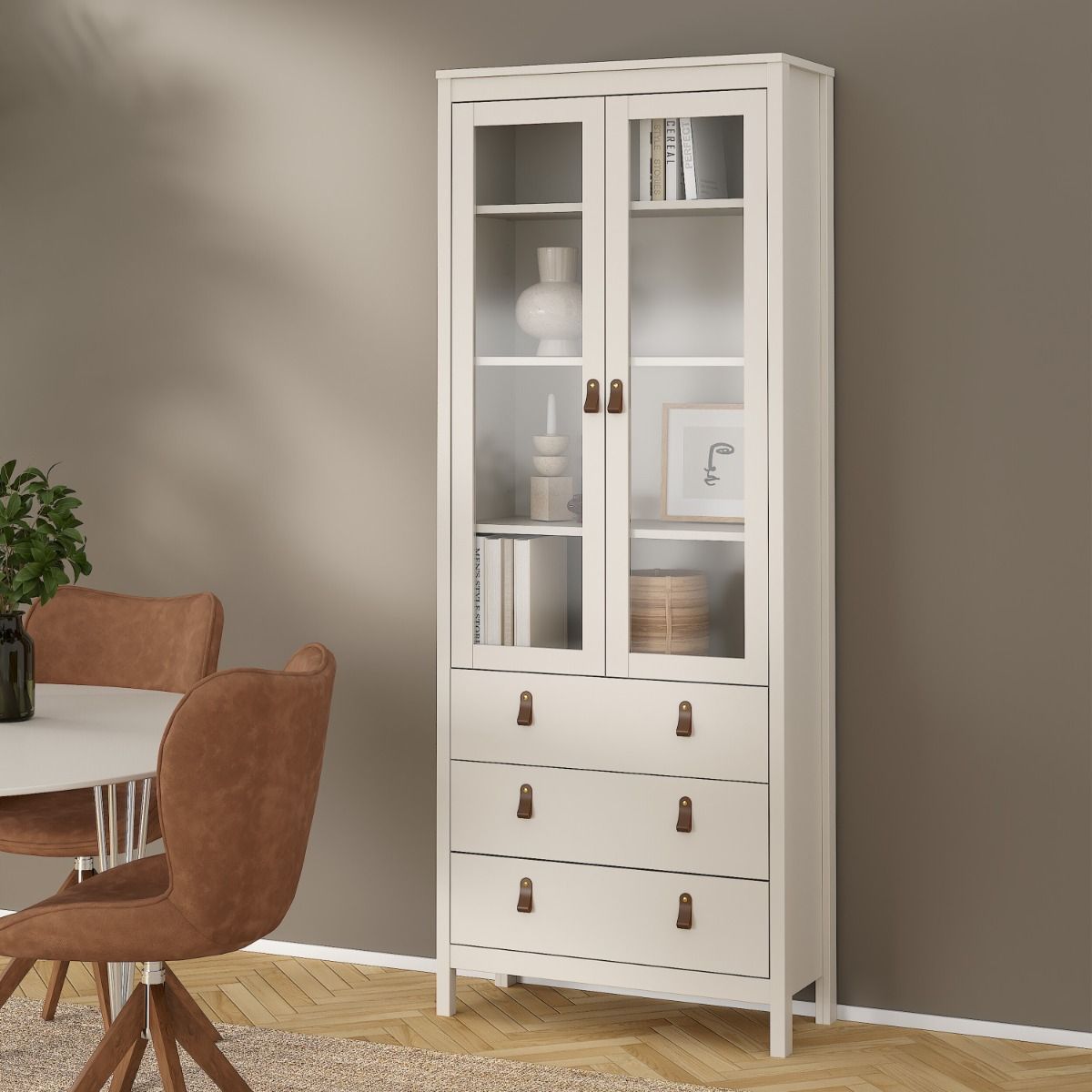 Barcelona China Cabinet 2 Glass Doors With 3 Drawers In Cashmere - Price Crash Furniture