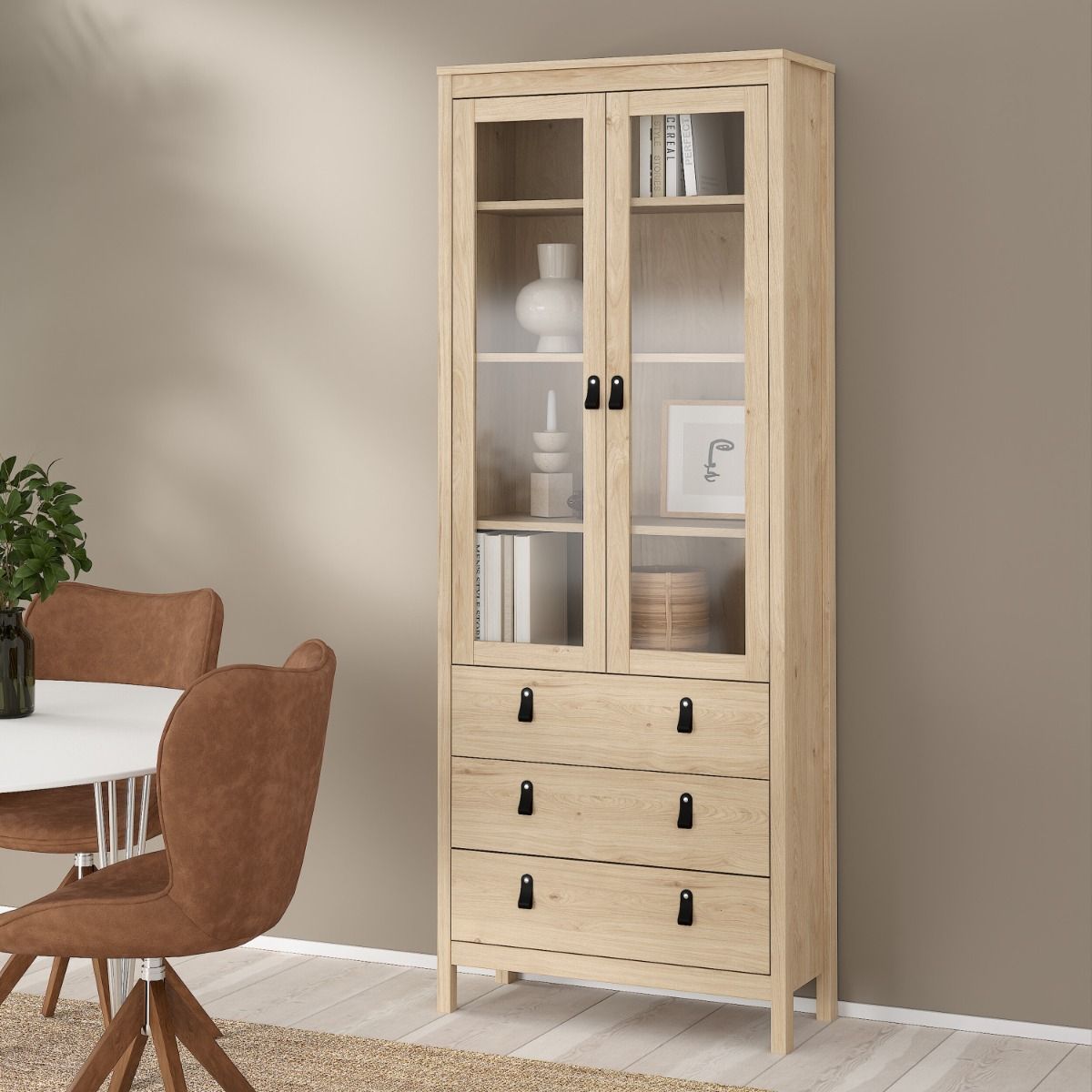 Barcelona China Cabinet 2 Glass Doors With 3 Drawers In Oak - Price Crash Furniture