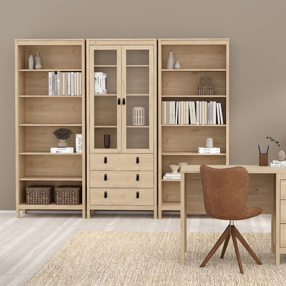 Barcelona China Cabinet 2 Glass Doors With 3 Drawers In Oak - Price Crash Furniture