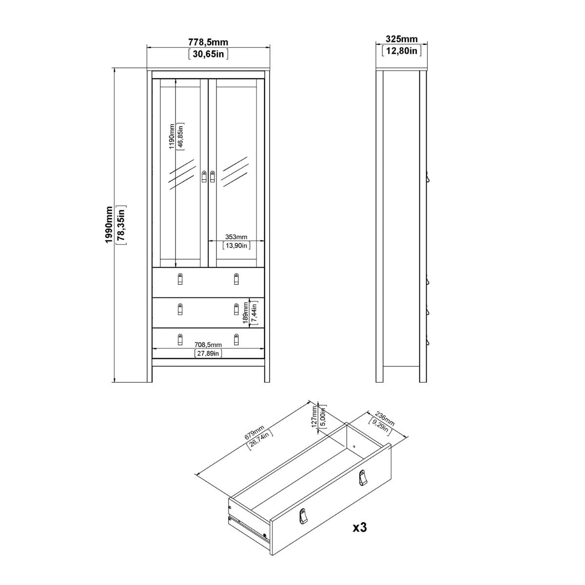 Barcelona China Cabinet 2 Glass Doors With 3 Drawers In Oak - Price Crash Furniture