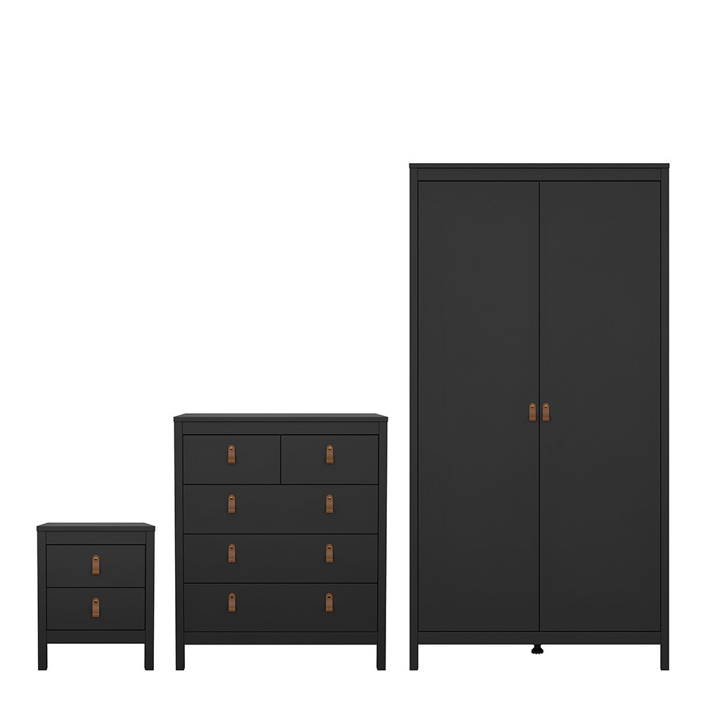 Barcelona Package - Bedside Table 2 Drawers + Chest 5 Drawers + Wardrobe With 2 Doors In Matt Black - Price Crash Furniture