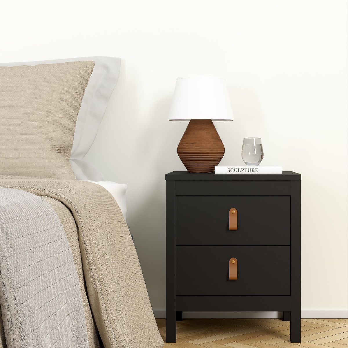 Barcelona Package - Bedside Table 2 Drawers + Chest 5 Drawers + Wardrobe With 2 Doors In Matt Black - Price Crash Furniture