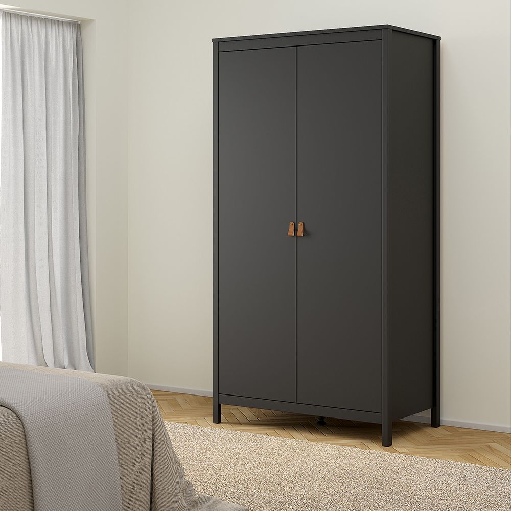 Barcelona Package - Bedside Table 2 Drawers + Chest 5 Drawers + Wardrobe With 2 Doors In Matt Black - Price Crash Furniture