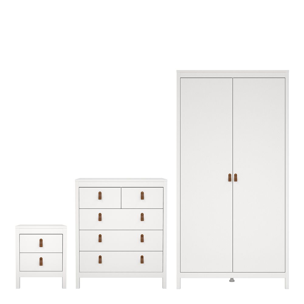Barcelona Package - Bedside Table 2 Drawers + Chest 5 Drawers + Wardrobe With 2 Doors In White - Price Crash Furniture