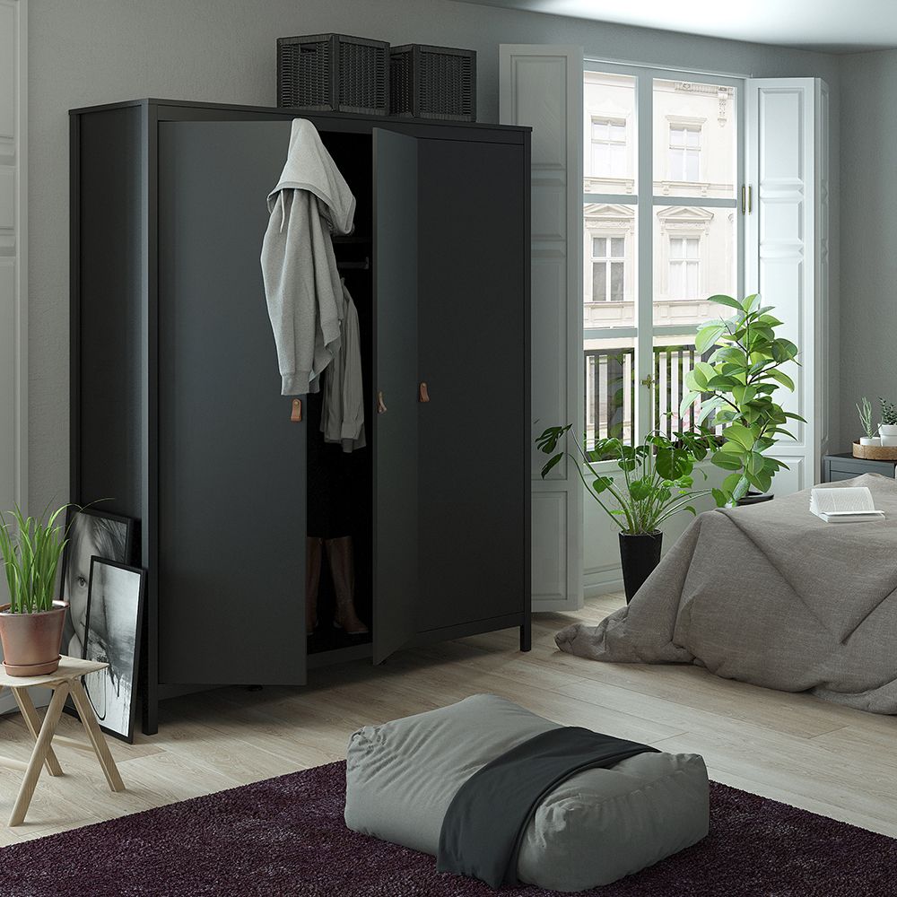 Barcelona Package - Bedside Table 2 Drawers + Chest 5 Drawers + Wardrobe With 3 Doors In Matt Black - Price Crash Furniture