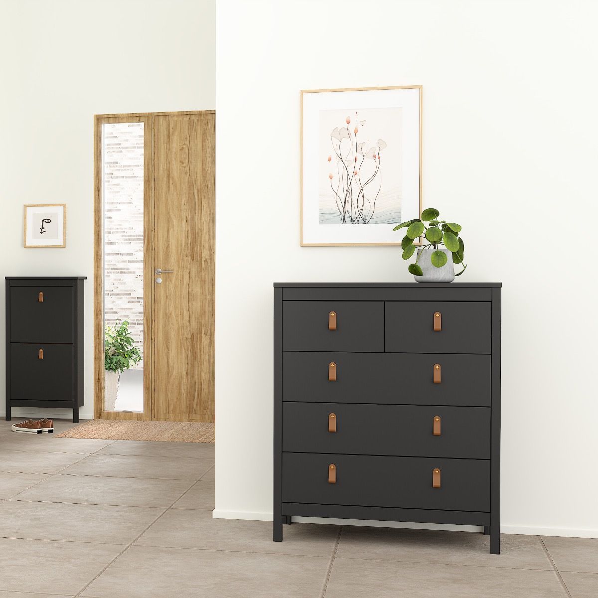 Barcelona Package - Bedside Table 2 Drawers + Chest 5 Drawers + Wardrobe With 3 Doors In Matt Black - Price Crash Furniture