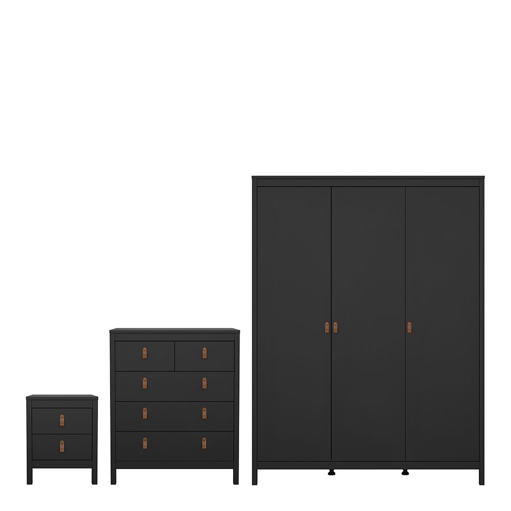 Barcelona Package - Bedside Table 2 Drawers + Chest 5 Drawers + Wardrobe With 3 Doors In Matt Black - Price Crash Furniture