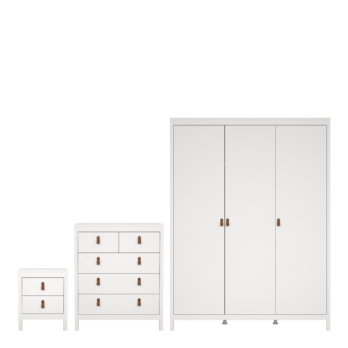 Barcelona Package - Bedside Table 2 Drawers + Chest 5 Drawers + Wardrobe With 3 Doors In White - Price Crash Furniture