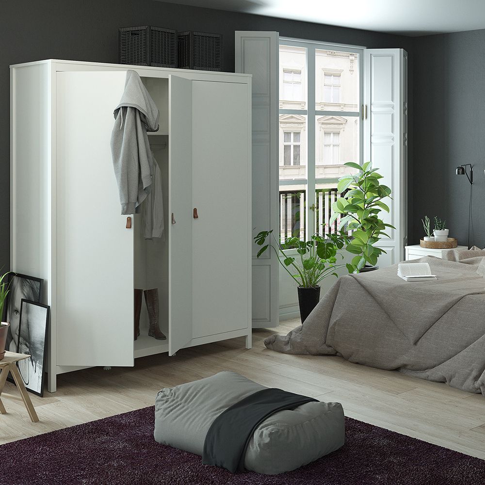 Barcelona Package - Bedside Table 2 Drawers + Chest 5 Drawers + Wardrobe With 3 Doors In White - Price Crash Furniture