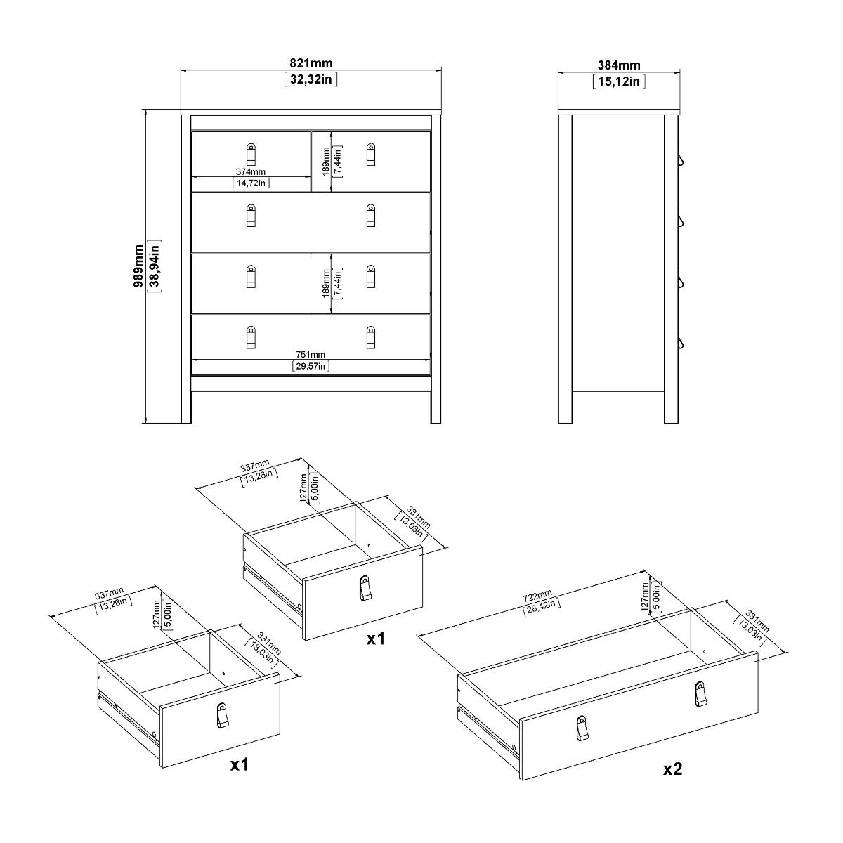 Barcelona Package - Bedside Table 2 Drawers + Chest 5 Drawers + Wardrobe With 3 Doors In White - Price Crash Furniture
