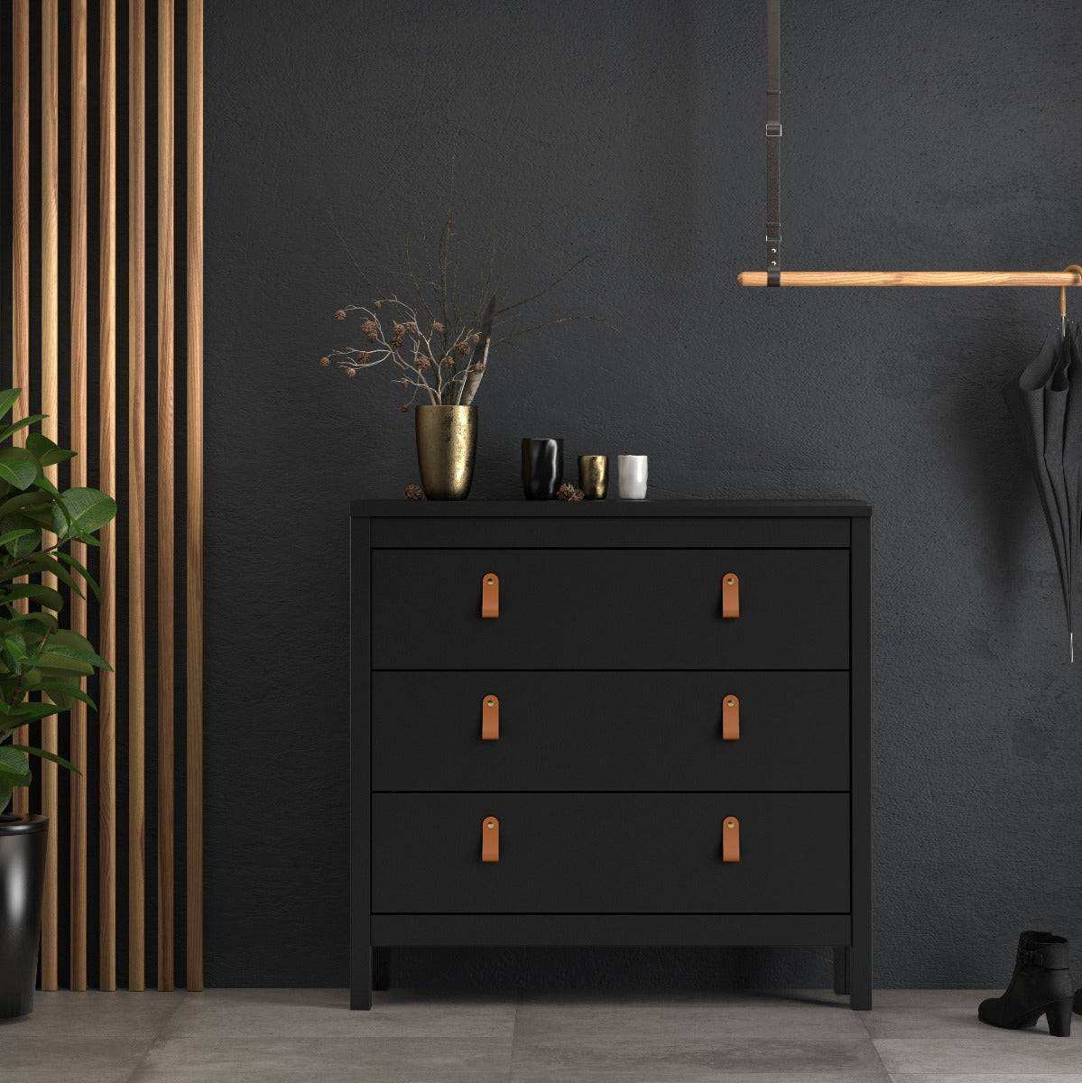 Barcelona Shaker Style 3 Drawer Chest of Drawers in Matt Black - Price Crash Furniture