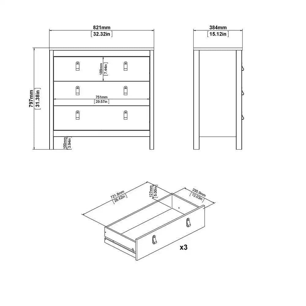 Barcelona Shaker Style 3 Drawer Chest of Drawers in White - Price Crash Furniture