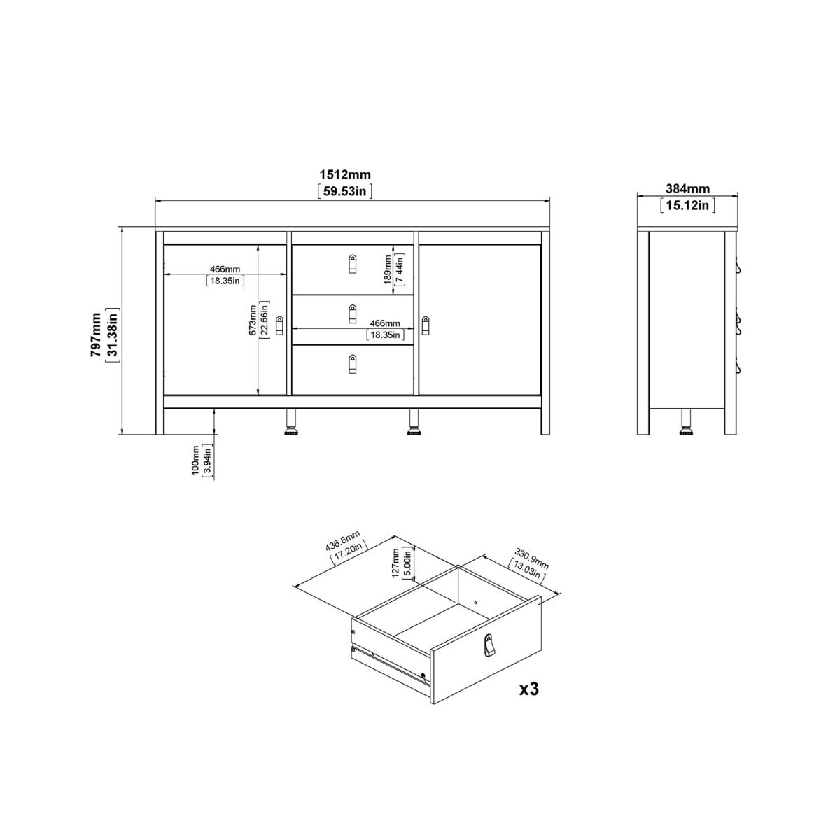 Barcelona Sideboard 2 Doors 3 Drawers In Jackson Hickory Oak - Price Crash Furniture