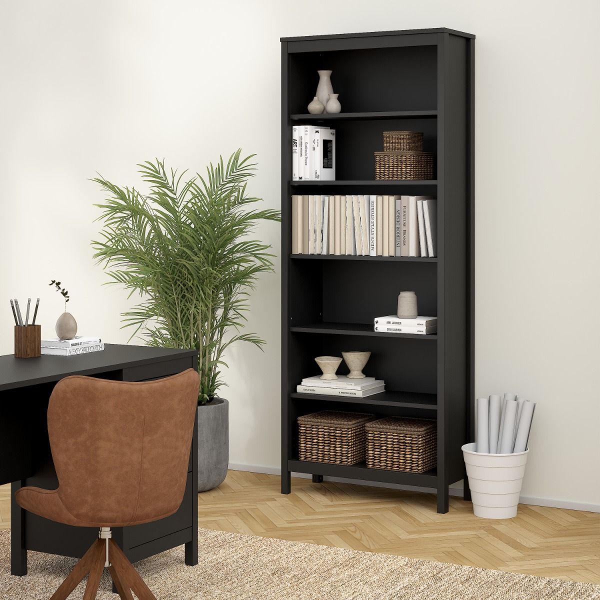 Barcelona Tall Bookcase with 5 Shelves In Black - Price Crash Furniture