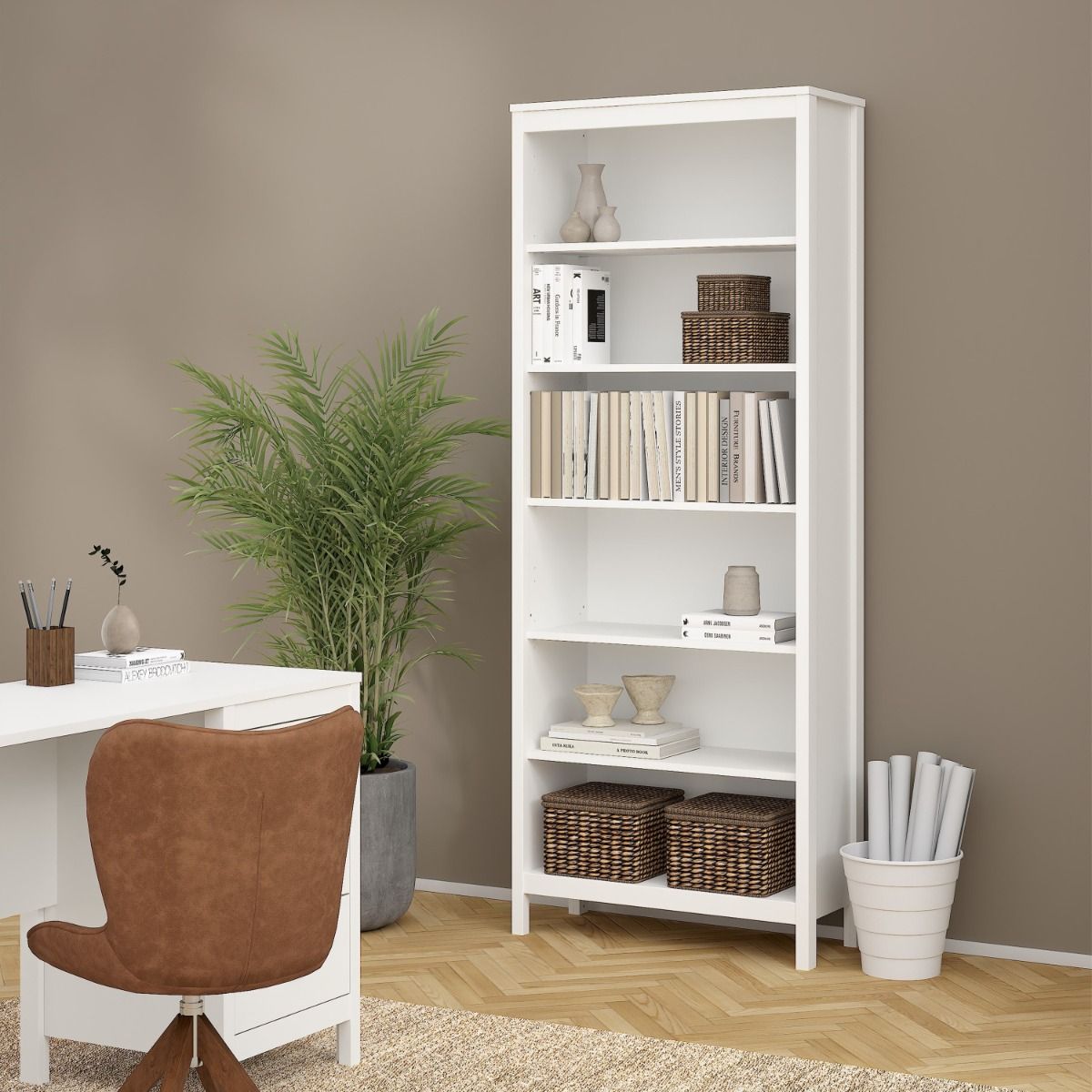 Barcelona Tall Bookcase with 5 Shelves In White - Price Crash Furniture