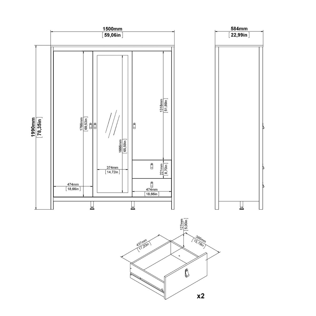 Barcelona Wardrobe With 2 Doors 1 Mirror Door 2 Drawers In Cashmere - Price Crash Furniture