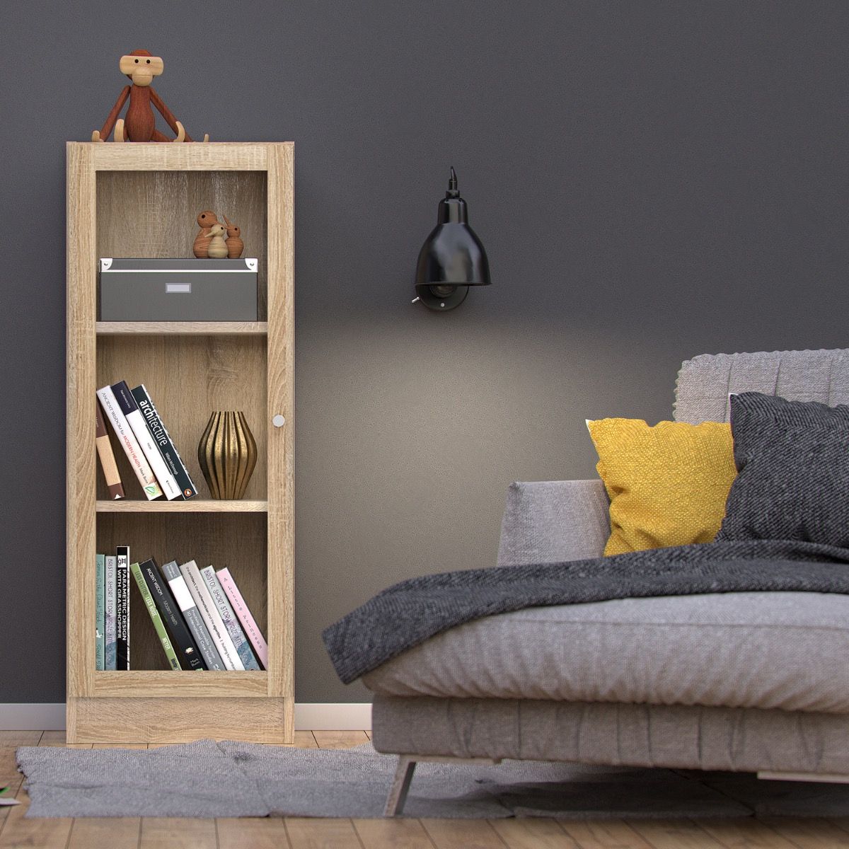 Basic Low Narrow Display Cabinet In Oak (2 Shelves) With Glass Oak Door - Price Crash Furniture
