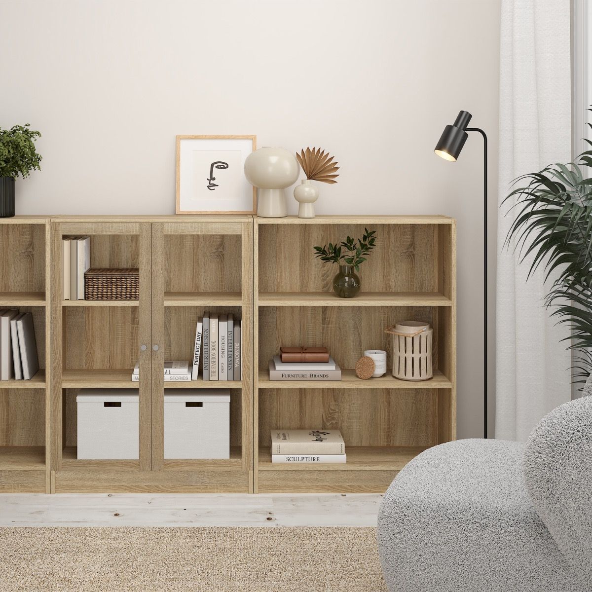 Basic Low Narrow Display Cabinet In Oak (2 Shelves) With Glass Oak Door - Price Crash Furniture
