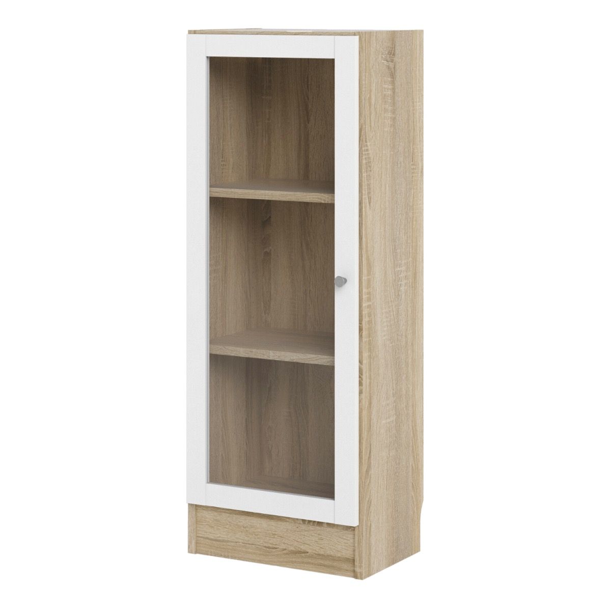 Basic Low Narrow Display Cabinet In Oak (2 Shelves) With Glass White Door - Price Crash Furniture
