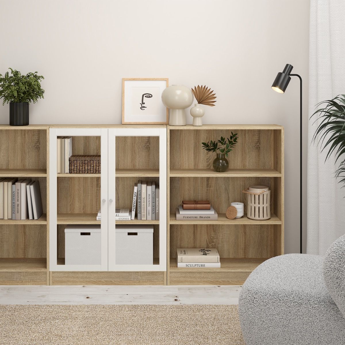Basic Low Narrow Display Cabinet In Oak (2 Shelves) With Glass White Door - Price Crash Furniture