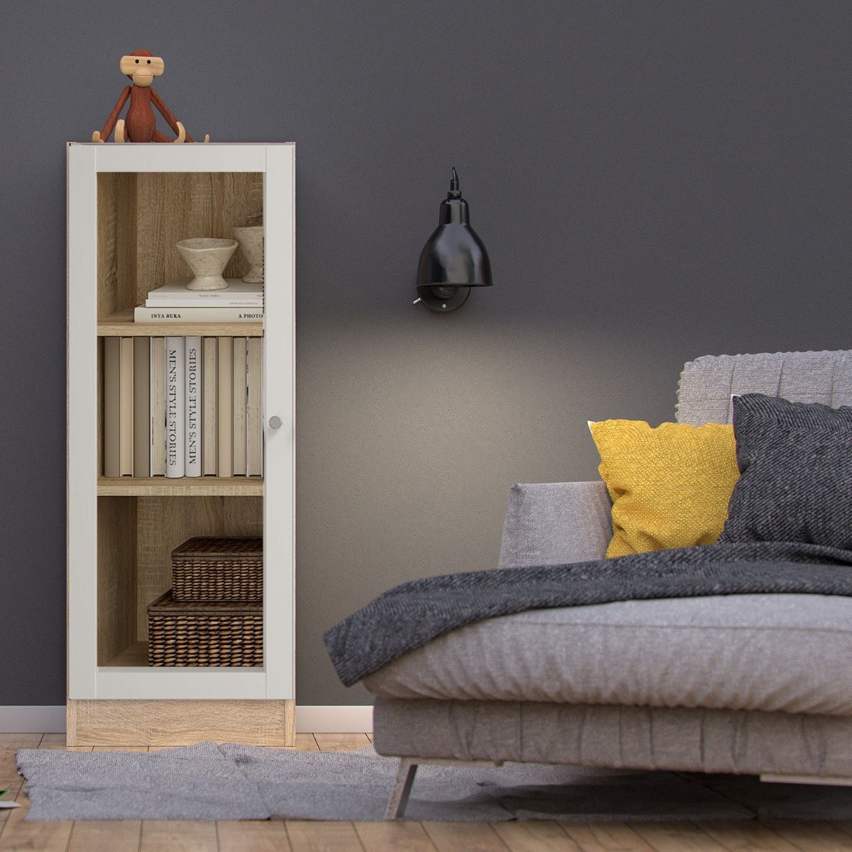Basic Low Narrow Display Cabinet In Oak (2 Shelves) With Glass White Door - Price Crash Furniture