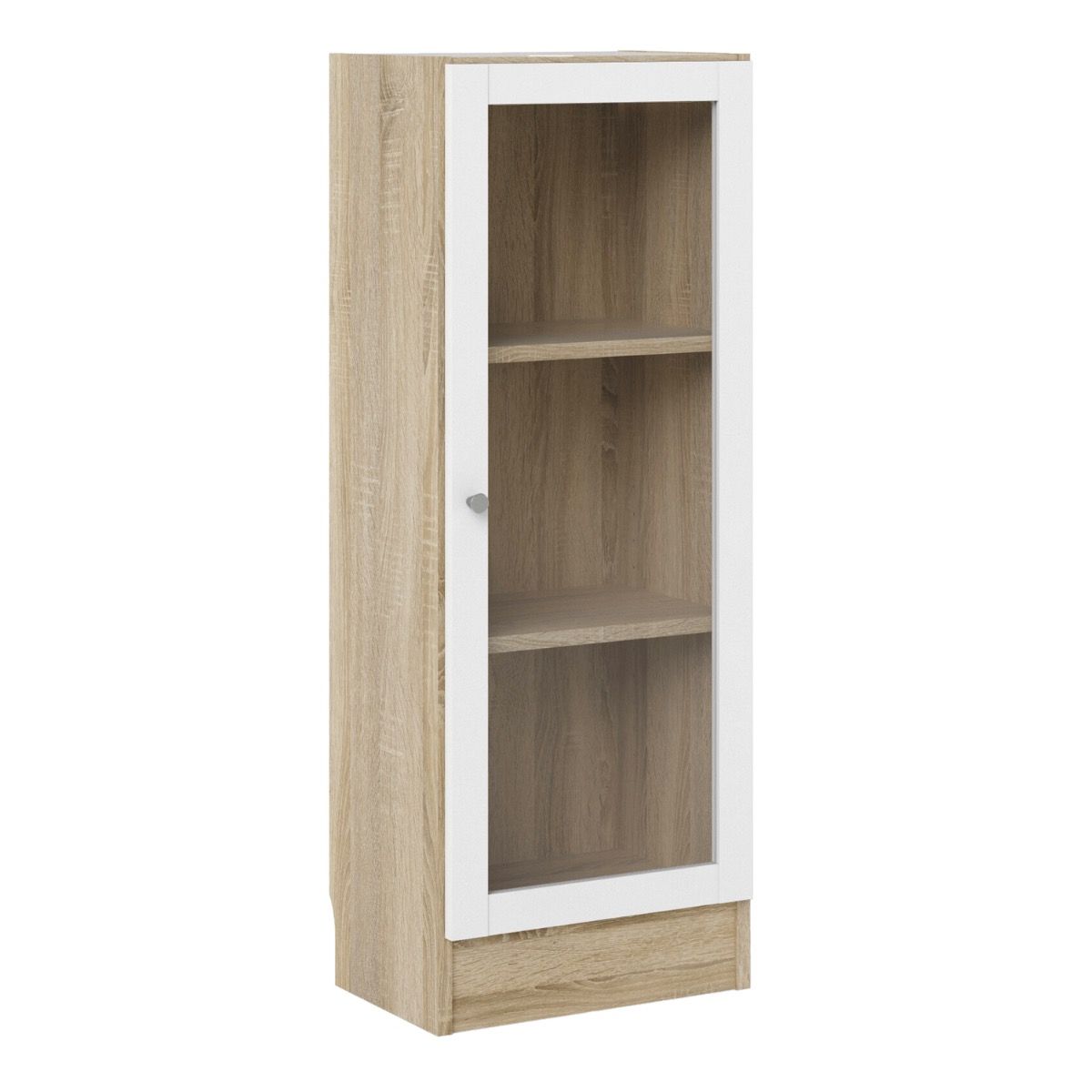 Basic Low Narrow Display Cabinet In Oak (2 Shelves) With Glass White Door - Price Crash Furniture