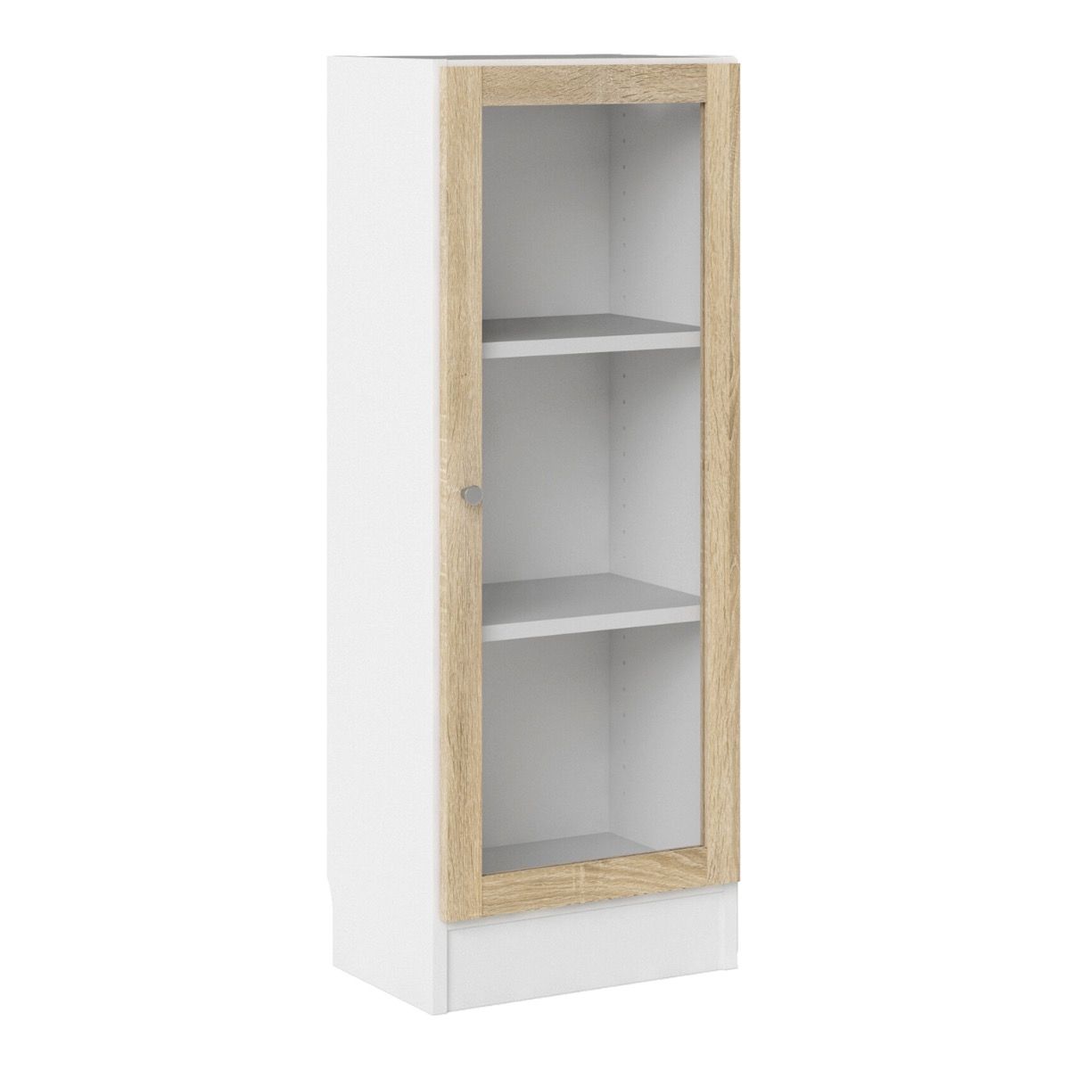 Basic Low Narrow Display Cabinet In White & Oak With Glass Door - Price Crash Furniture