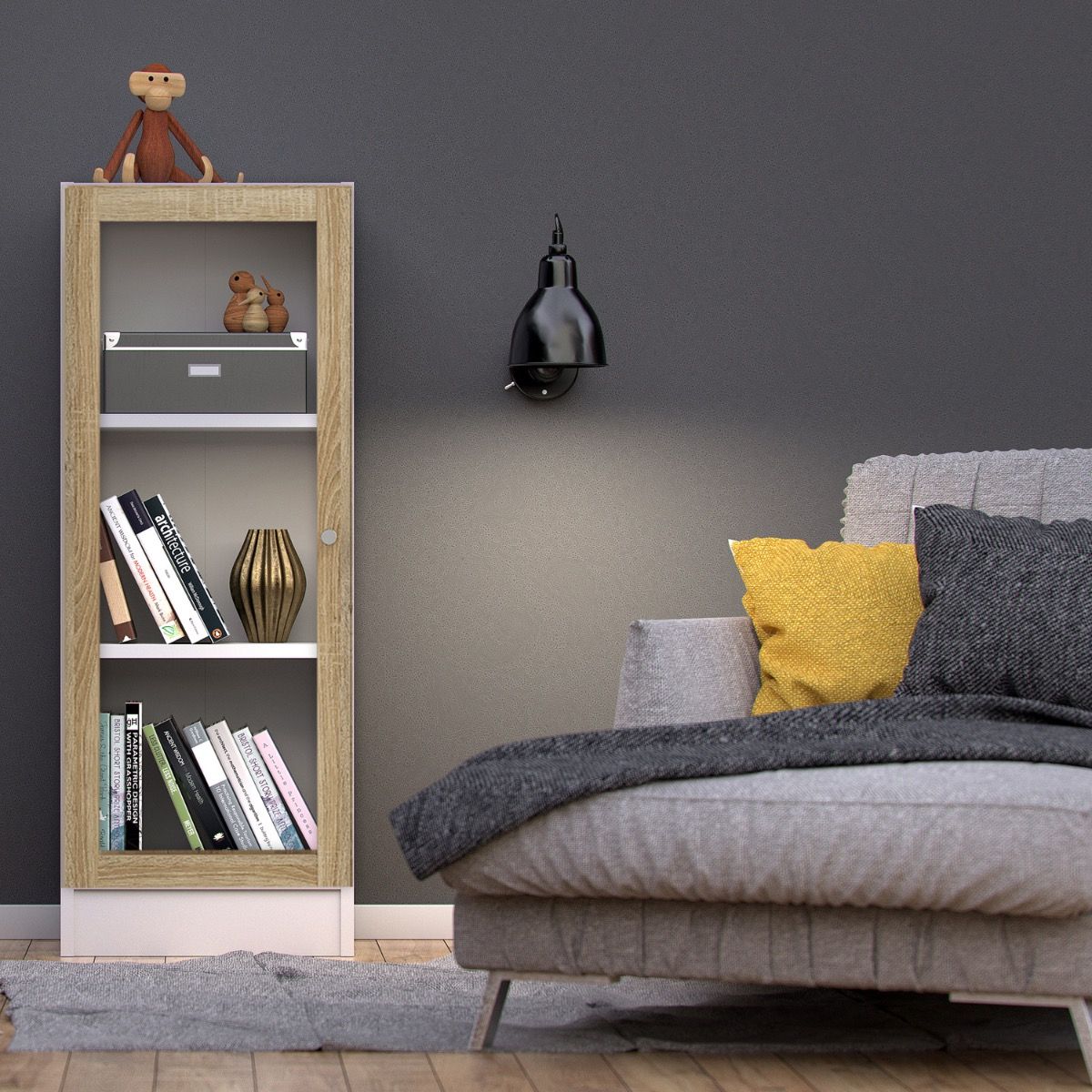 Basic Low Narrow Display Cabinet In White & Oak With Glass Door - Price Crash Furniture