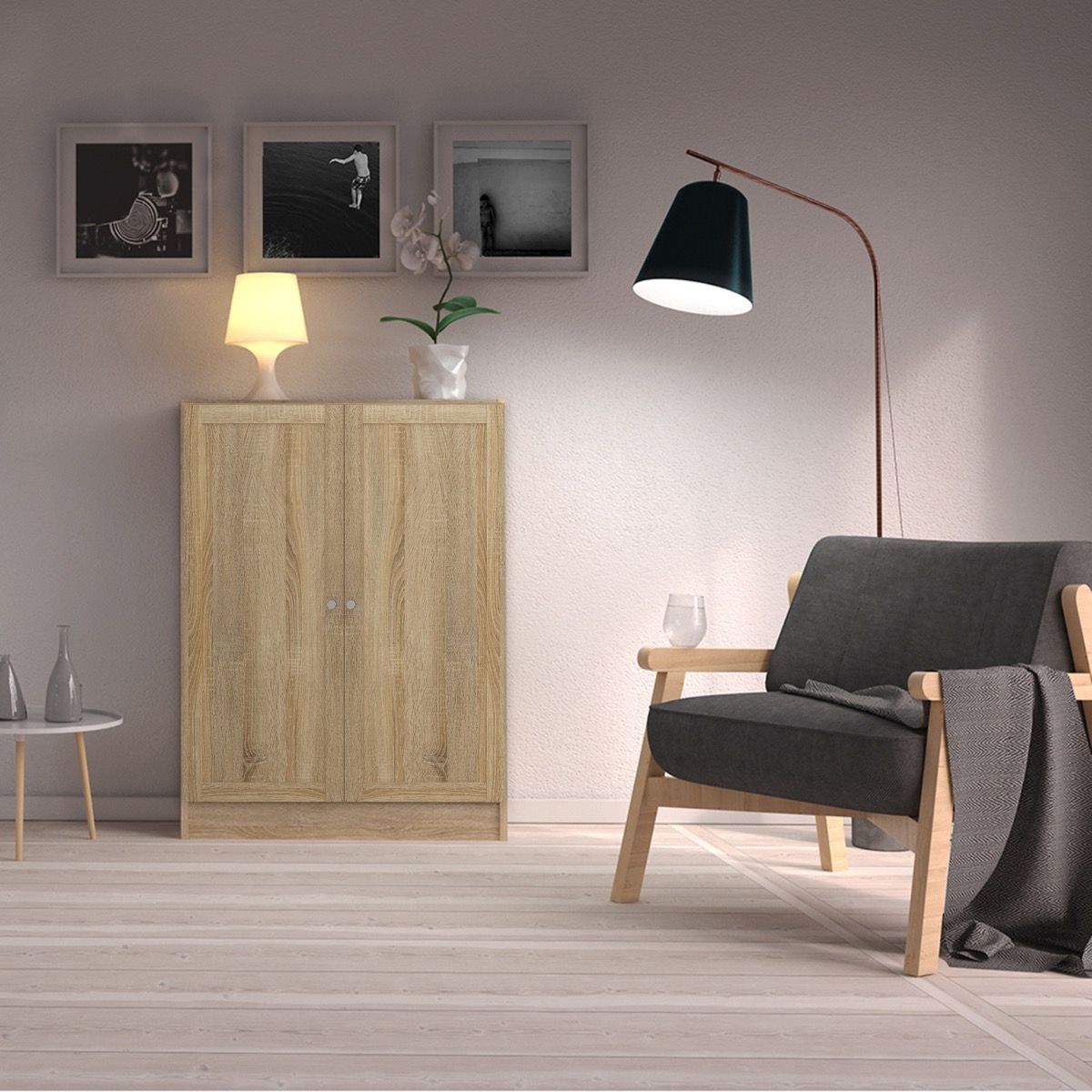 Basic Low Narrow Storage Cabinet In Oak (2 Shelves) With Oak Door - Price Crash Furniture