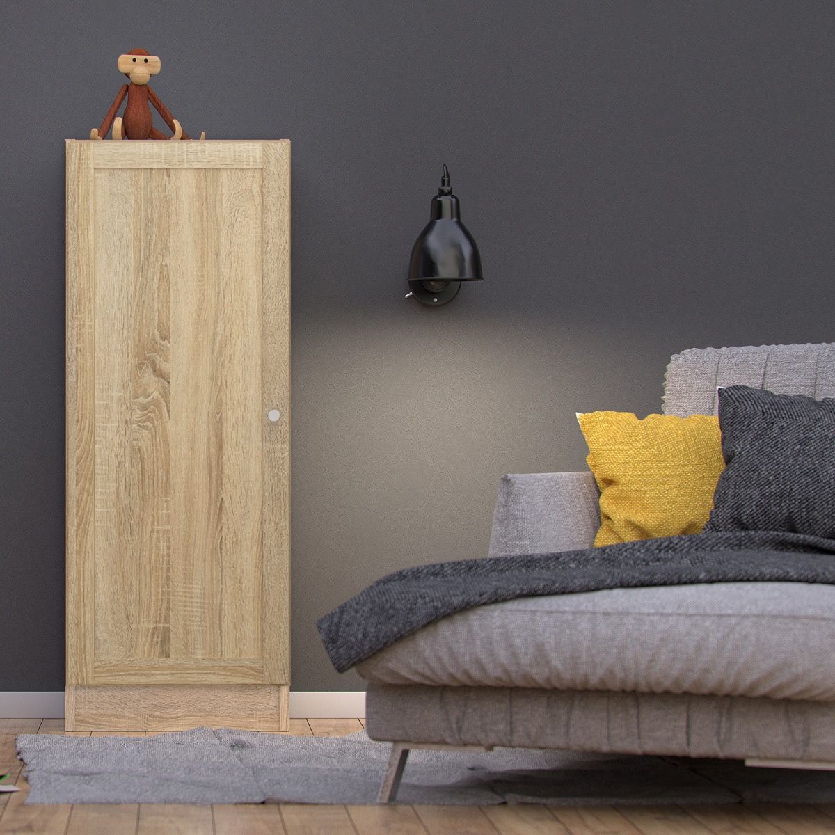 Basic Low Narrow Storage Cabinet In Oak (2 Shelves) With Oak Door - Price Crash Furniture