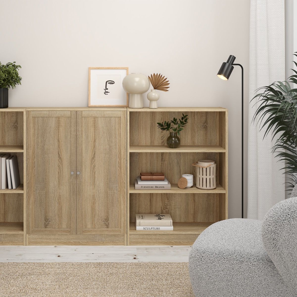 Basic Low Narrow Storage Cabinet In Oak (2 Shelves) With Oak Door - Price Crash Furniture