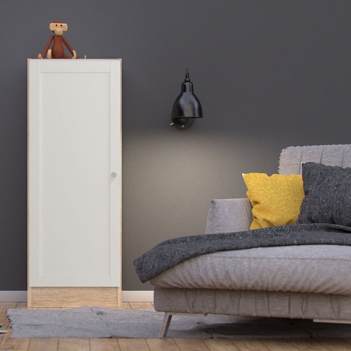 Basic Low Narrow Storage Cabinet In Oak (2 Shelves) With White Door - Price Crash Furniture