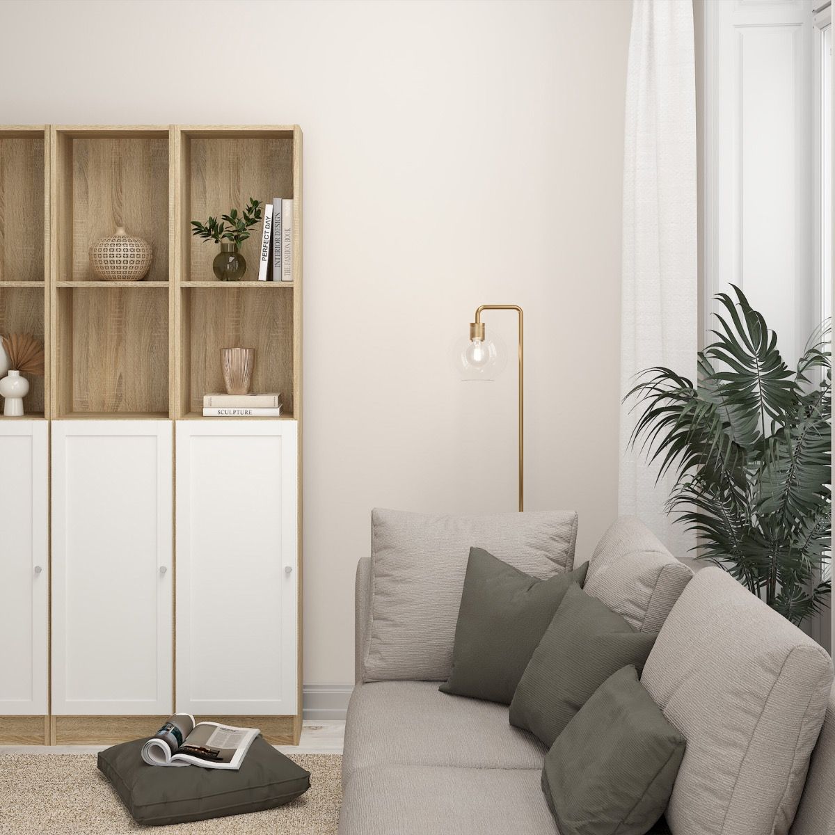 Basic Low Narrow Storage Cabinet In Oak (2 Shelves) With White Door - Price Crash Furniture