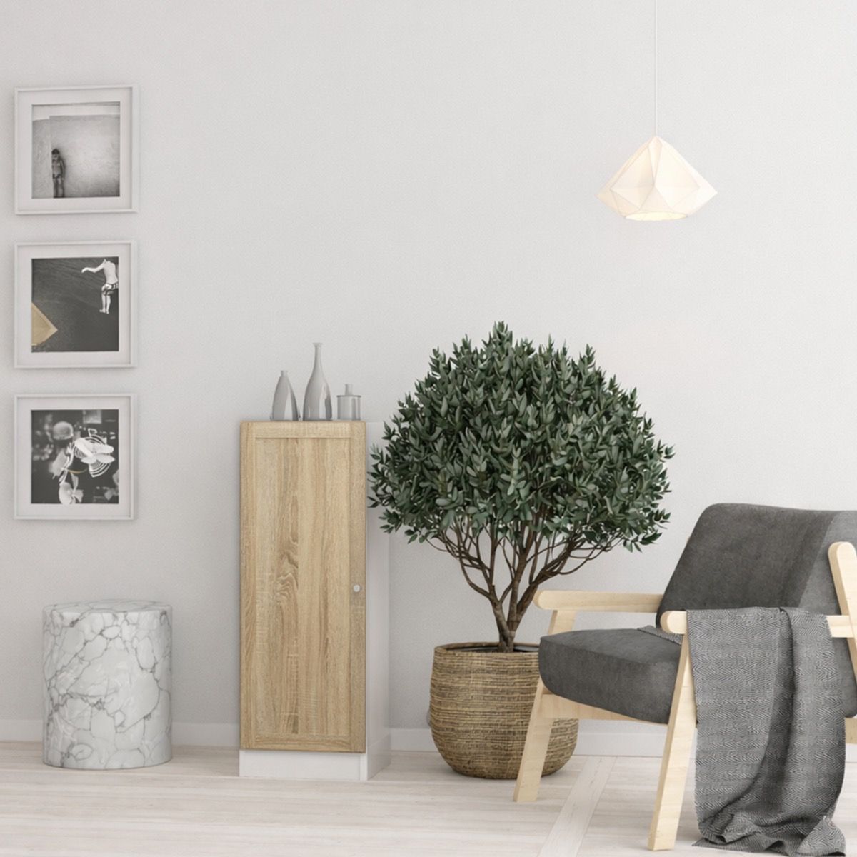 Basic Low Narrow Storage Cabinet In White (2 Shelves) With Oak Door - Price Crash Furniture