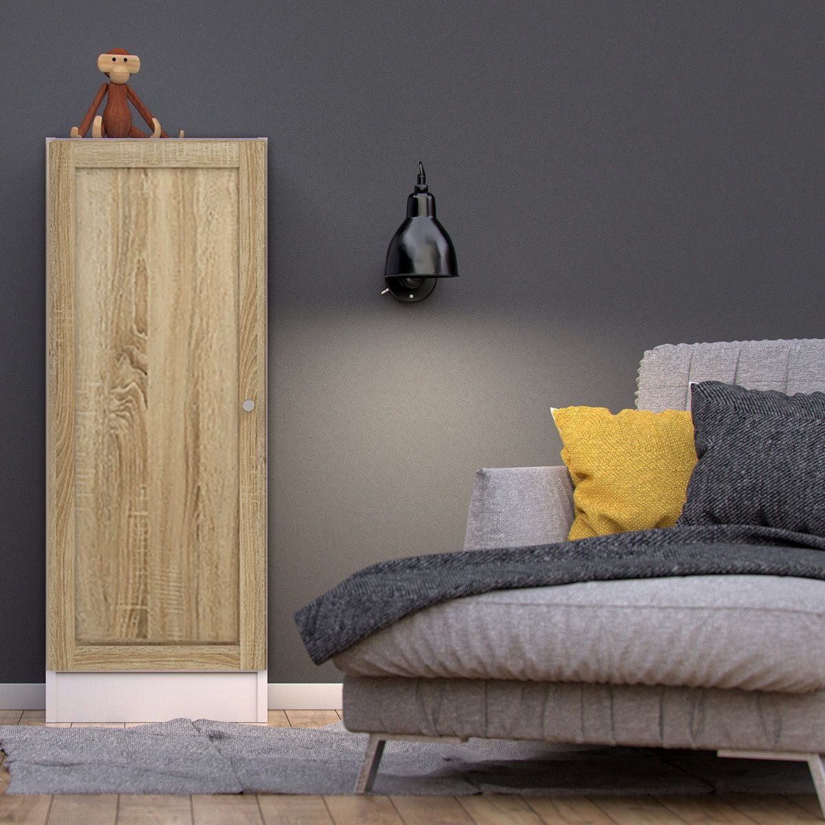 Basic Low Narrow Storage Cabinet In White (2 Shelves) With Oak Door - Price Crash Furniture