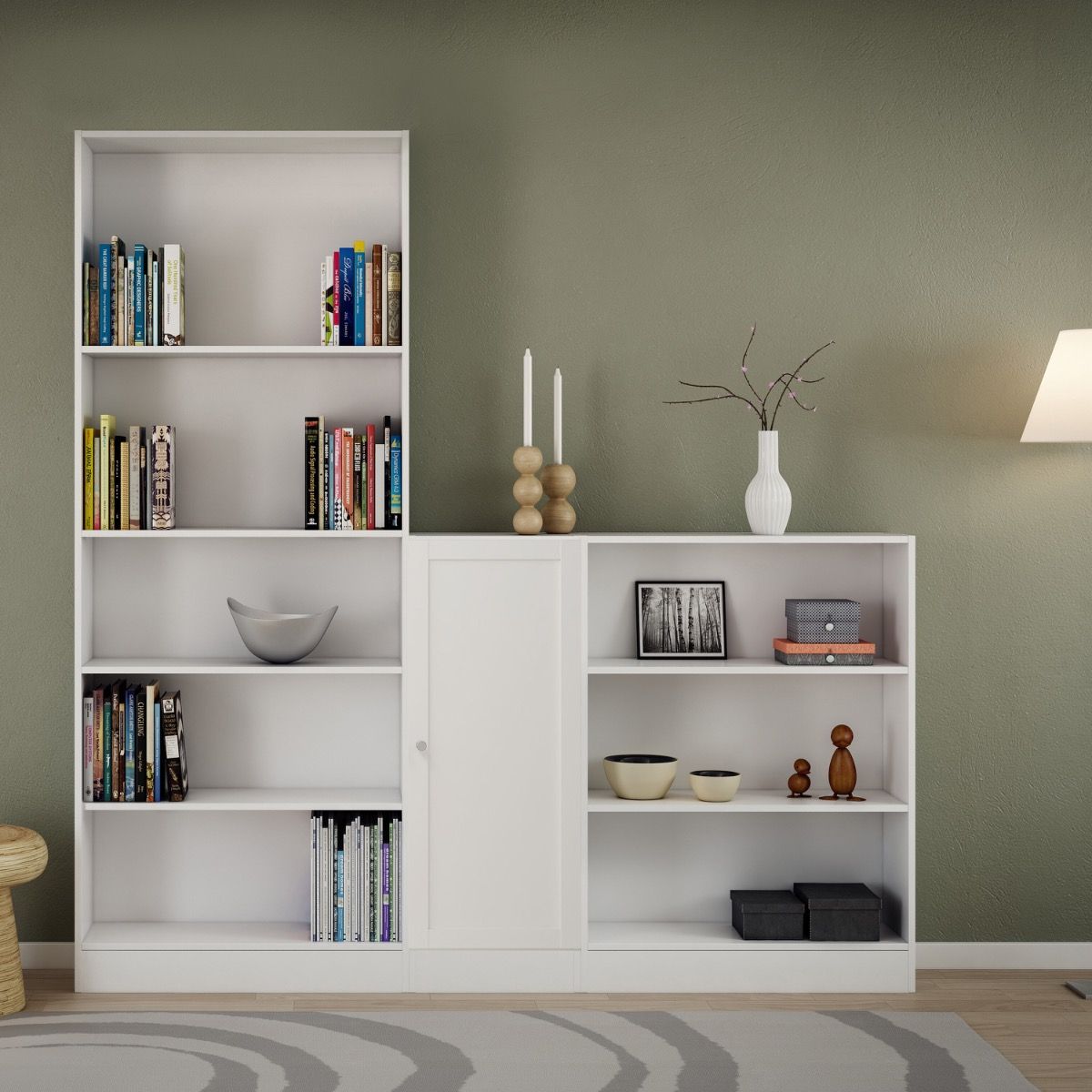 Basic Low Narrow Storage Cabinet In White (2 Shelves) With White Door - Price Crash Furniture